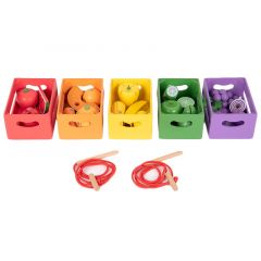 Set de 5 cajas con 20 frutas y verduras de madera para coser - TickiT