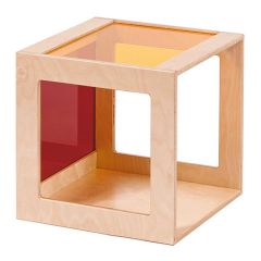 Cubo de gateo de madera con cristal acrílico rojo y amarillo Pikler - Dusyma