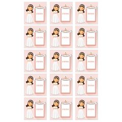 Papel de azúcar - 15 diseños iguales en Cuadrados de 5 cm Mi primera comunión (rosa) con foto personalizada 