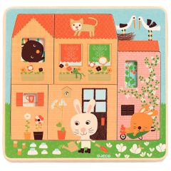 Puzle de madera encajable 3 niveles Casita conejo 12 piezas - Djeco