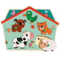 Puzle de madera encajable sonoro Ouaf Woof 5 piezas - Djeco