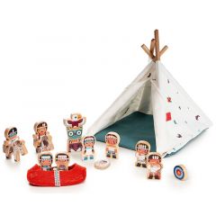 Tienda tipi de tela con indios de madera - Lilliputiens