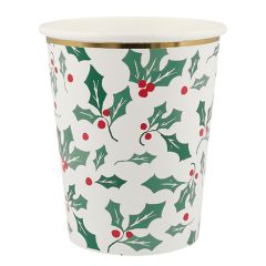 Vasos de papel acebo Navidad 250 ml (8) - Meri Meri