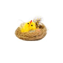 Nido con pollito amarillo y huevos 6 cm